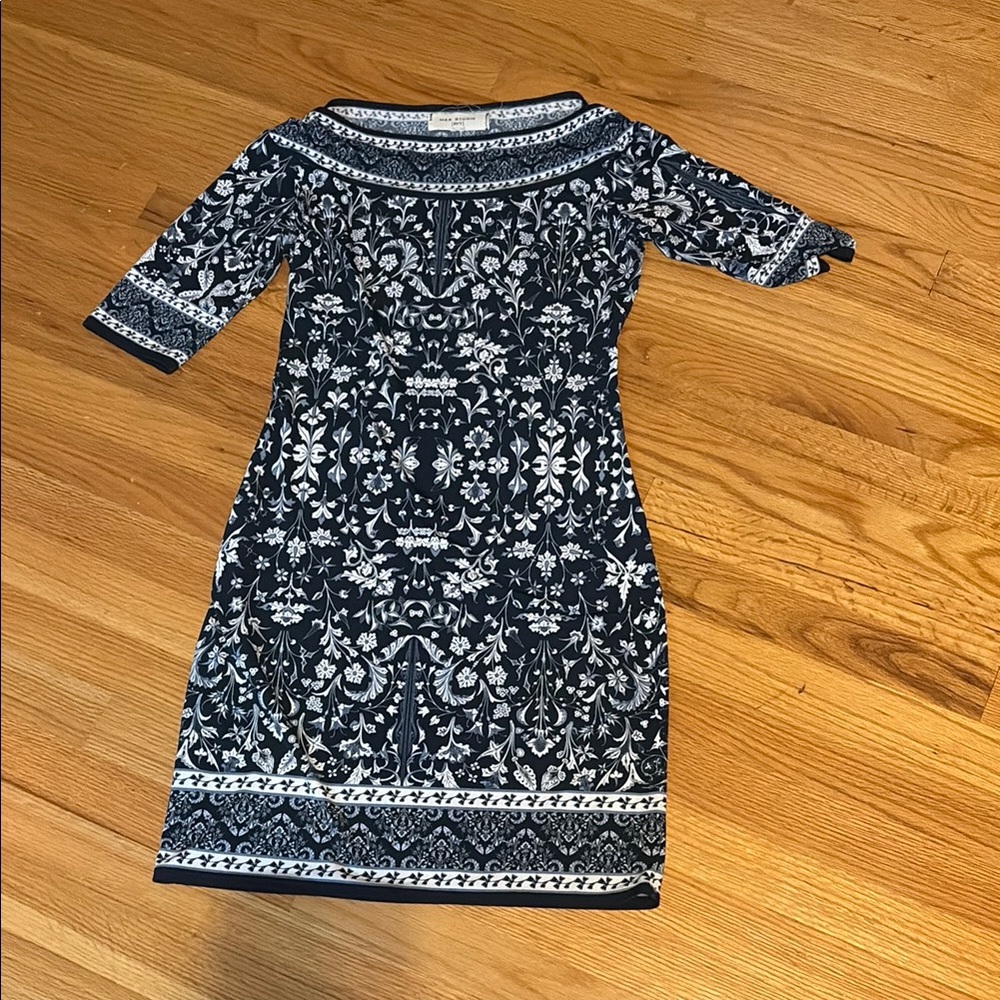 Max Studio Navy and White Sheath Dress 3/4 Cuffed Sleeves
